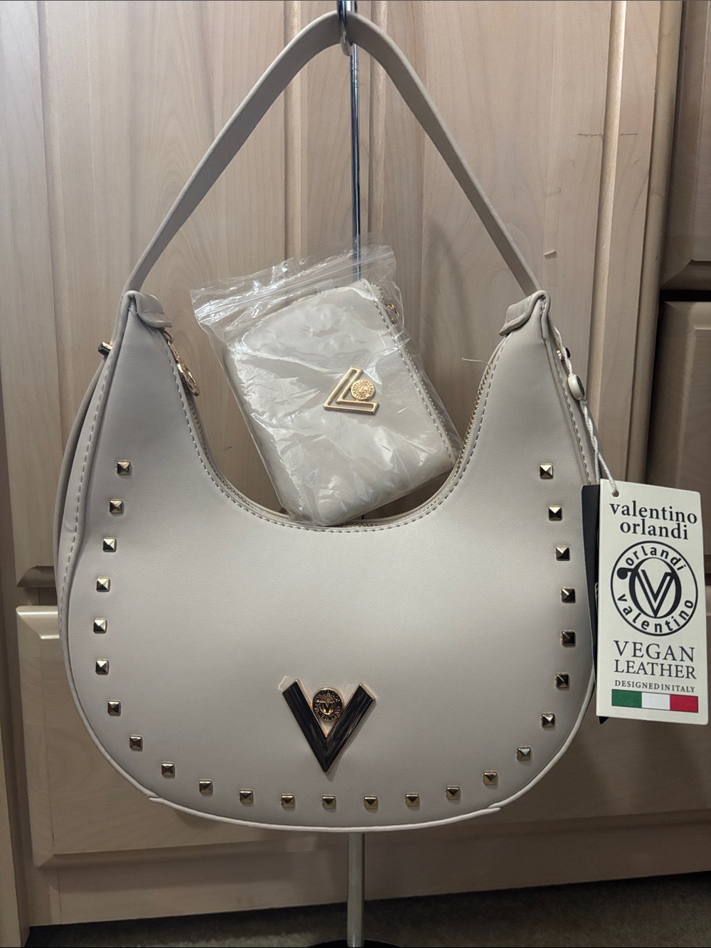 Valentino Orlandi Cream Vegan Leather Crescent Shoulder Bag w/Coin Pouch